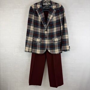 Vintage The Villager Plaid Wool Blazer Burgundy Pants Suit Womens Size 6 Small